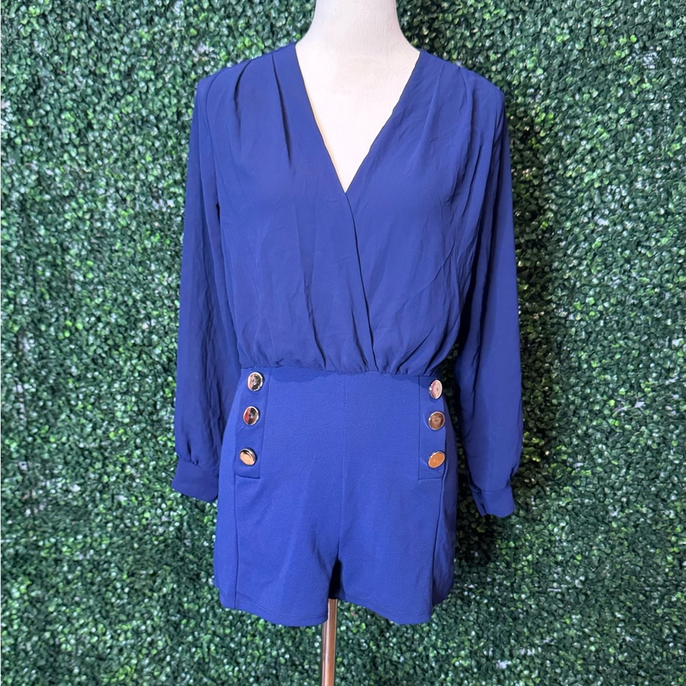 BOOHOO Navy Blue Button Detail Long Sleeve Romper Playsuit - Size 10